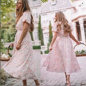 JessaKae Floral Highbury Baby Pink Midi Dress Women's XS Spring Summer